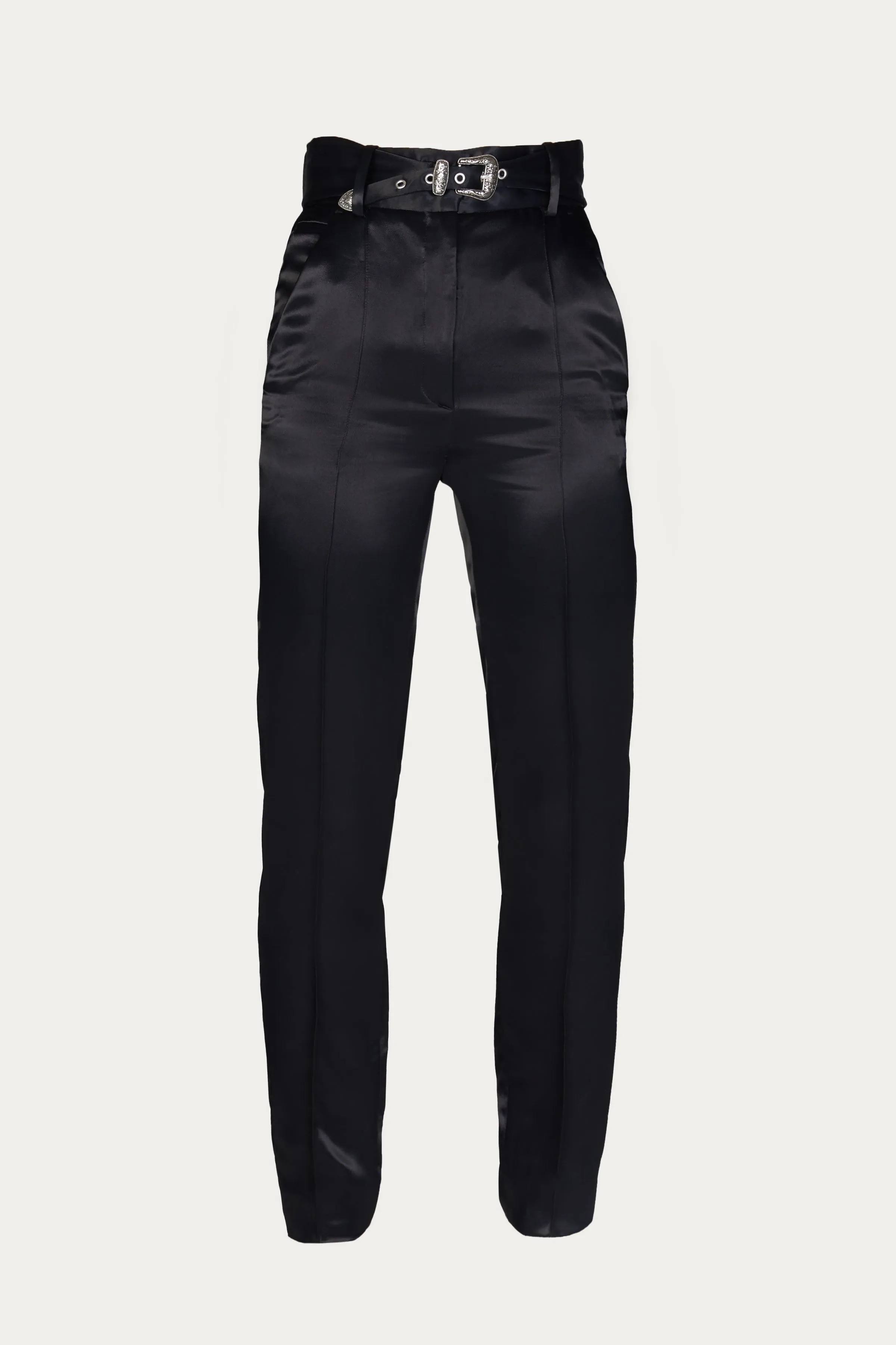BELTED TAPERED SATIN PANTS