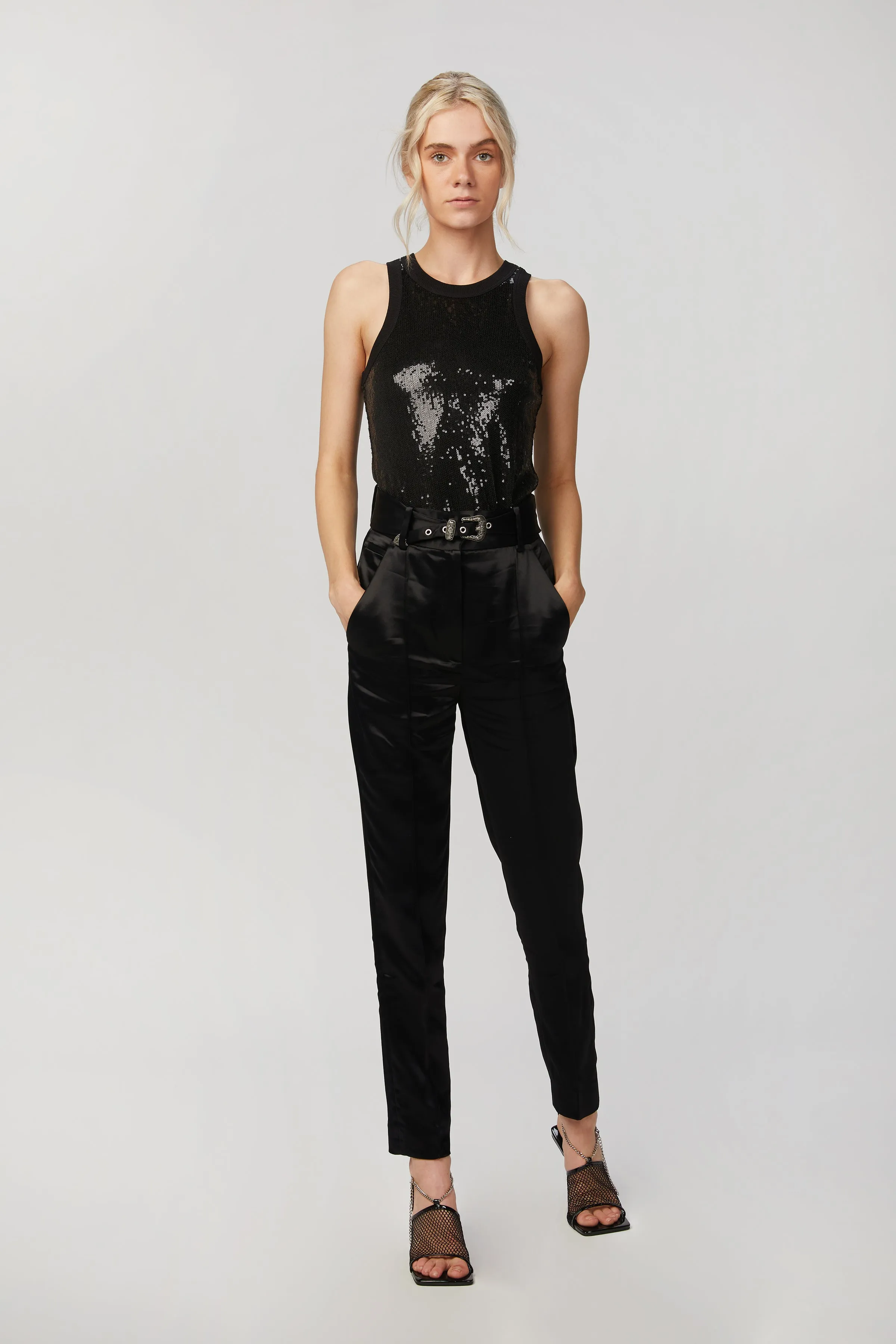 BELTED TAPERED SATIN PANTS