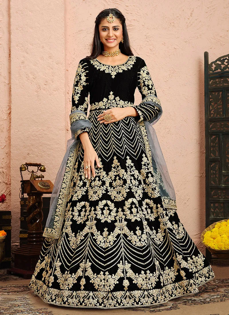 Black Embroidered Velvet Anarkali Suit