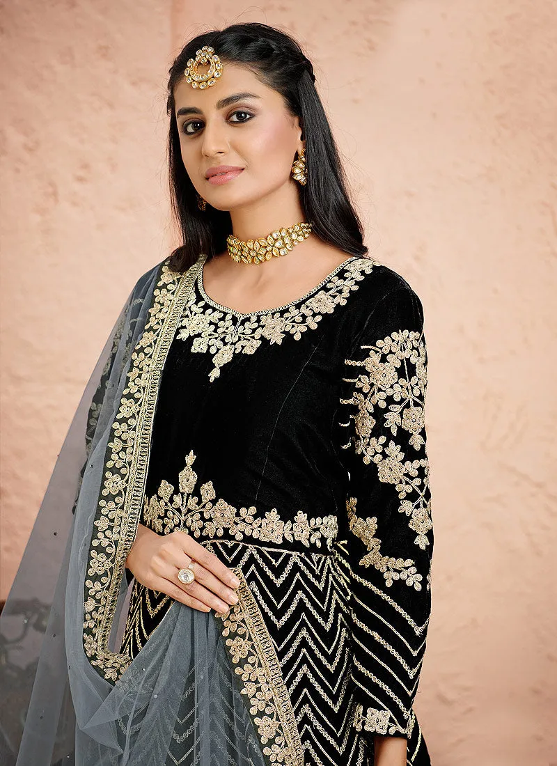 Black Embroidered Velvet Anarkali Suit