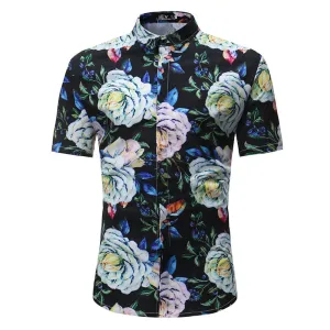 Black Floral check Mens Short Sleeve Button up Shirts - Tailored Slim Fit Cotton Dress Shirts