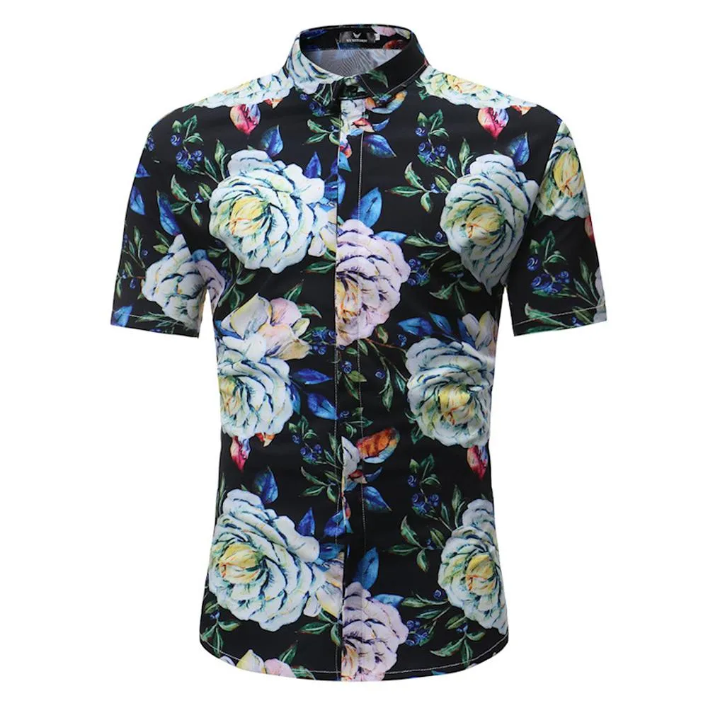 Black Floral check Mens Short Sleeve Button up Shirts - Tailored Slim Fit Cotton Dress Shirts