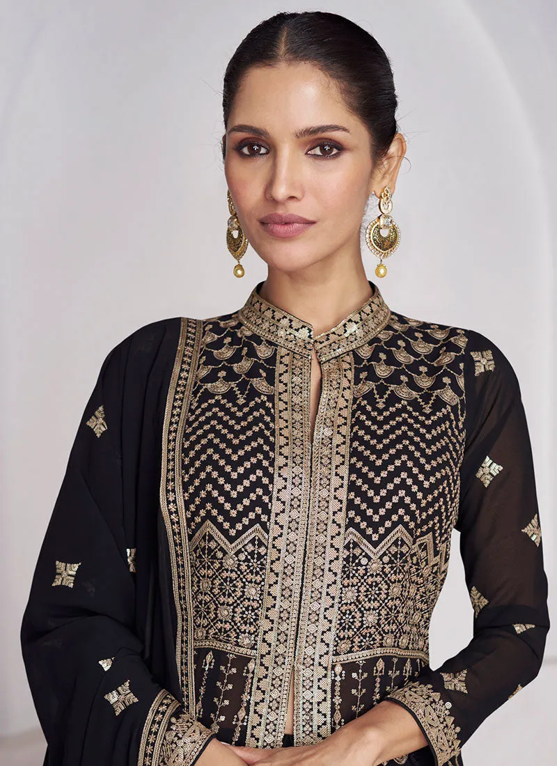 Black Golden Sequence Embroidery Slit Style Anarkali Lehenga Suit