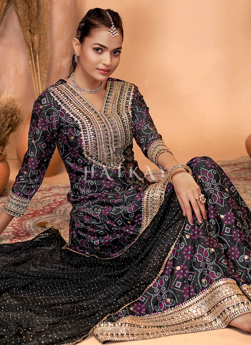 Black Mirror Embroidery Bandhani Printed Sharara Suit