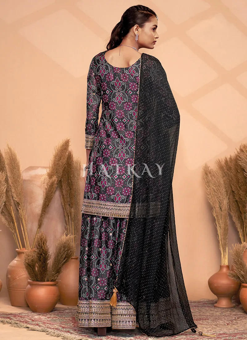 Black Mirror Embroidery Bandhani Printed Sharara Suit