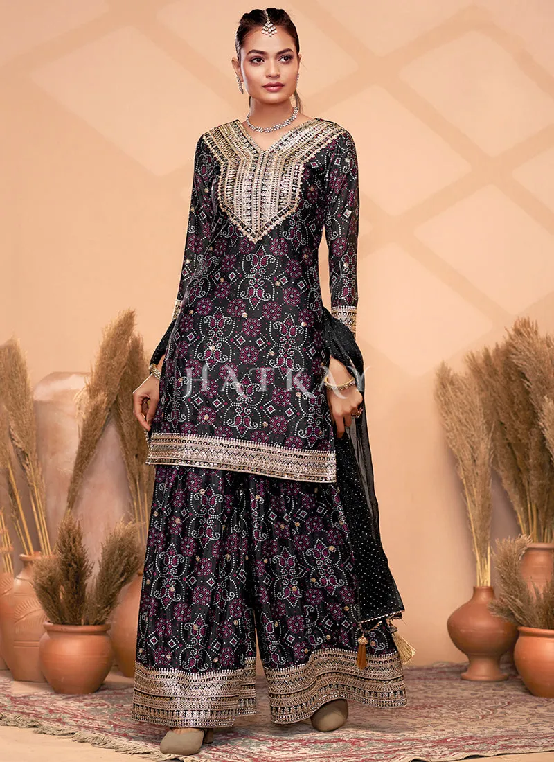 Black Mirror Embroidery Bandhani Printed Sharara Suit