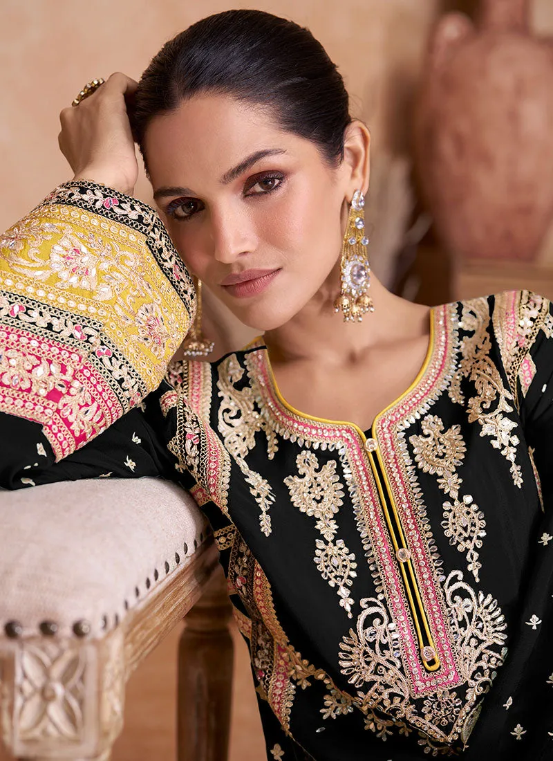 Black Multi Embroidered Wedding Palazzo Suit