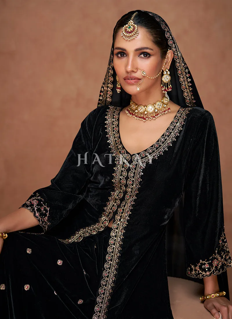 Black Slit Style Velvet Anarkali Lehenga