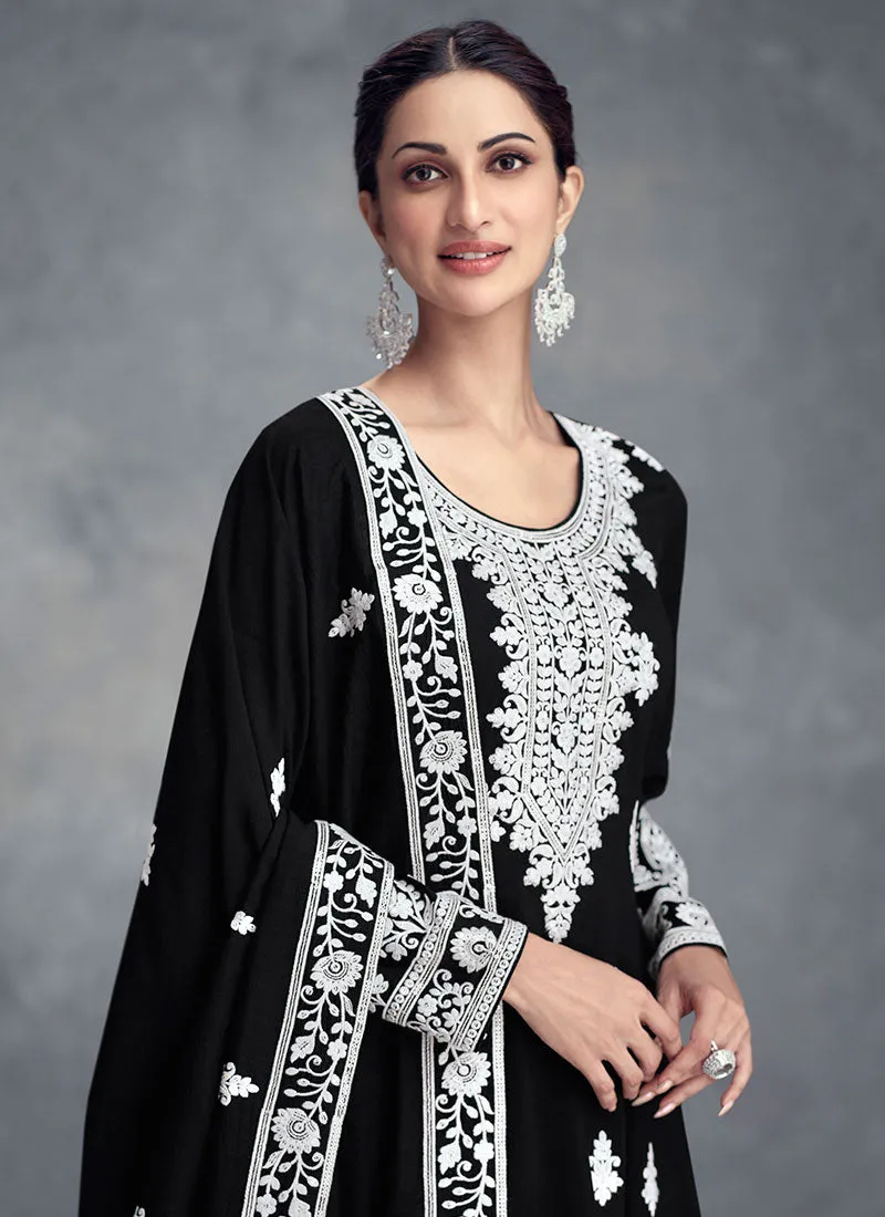 Black Thread Embroidery Wedding Anarkali Gharara Suit