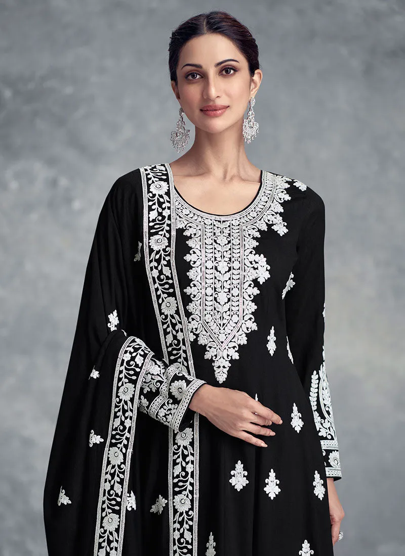 Black Thread Embroidery Wedding Anarkali Gharara Suit
