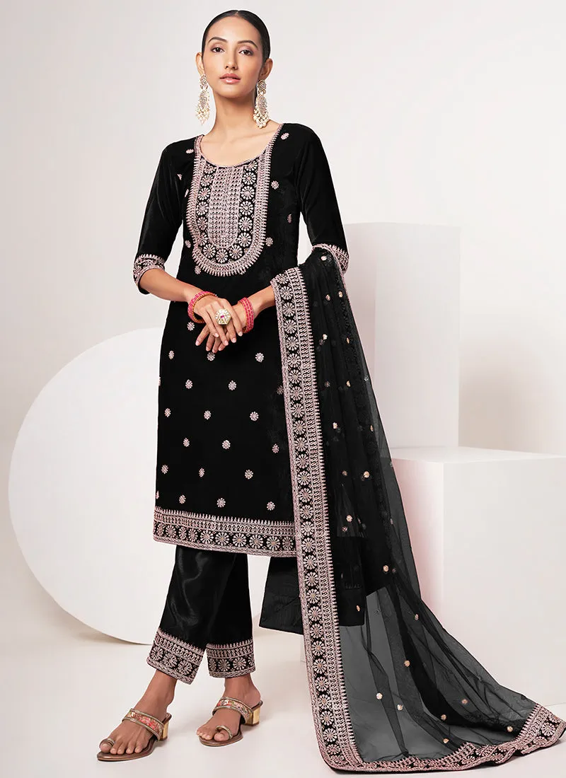 Black Traditional Embroidery Pant Style Suit