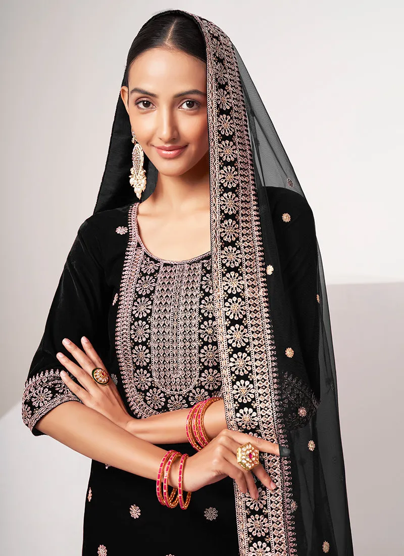Black Traditional Embroidery Pant Style Suit