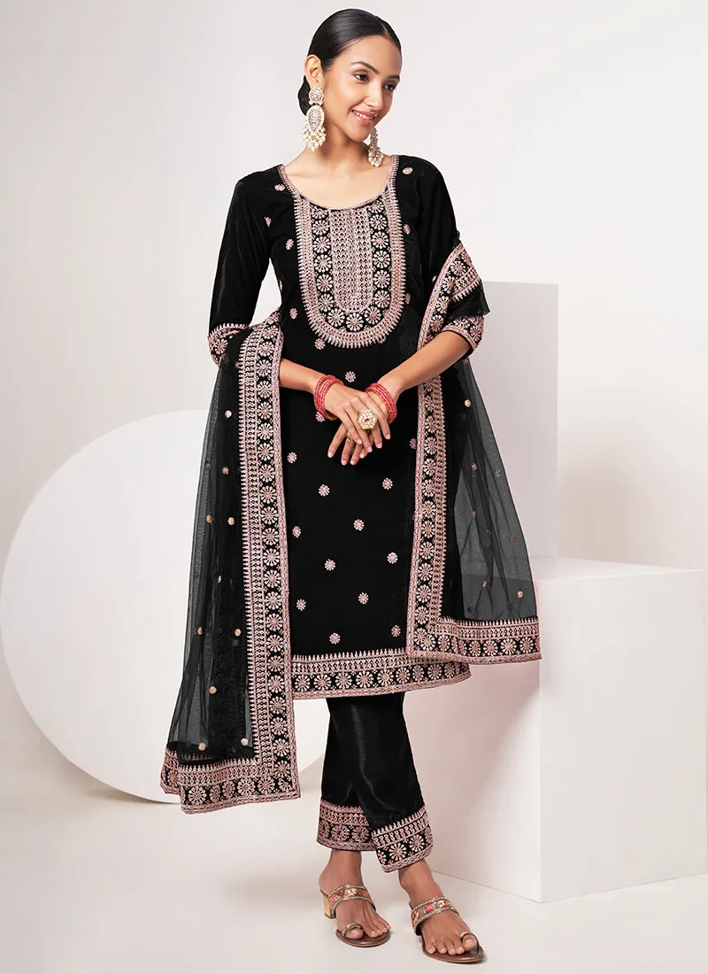 Black Traditional Embroidery Pant Style Suit