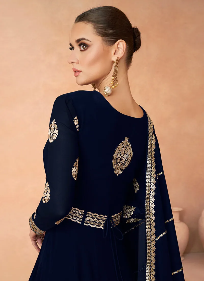 Blue Golden Sequence Embroidery Anarkali Gown With Belt