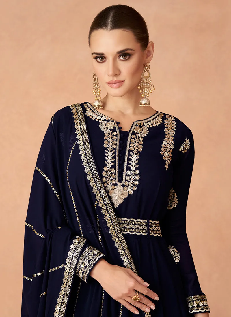 Blue Golden Sequence Embroidery Anarkali Gown With Belt