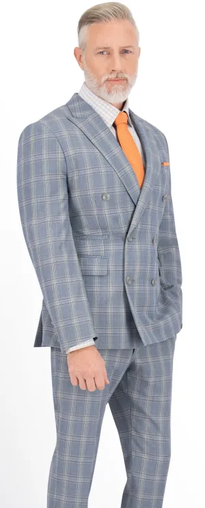 Blue Grey with Tan & Brown Check Long Double Breast Suit