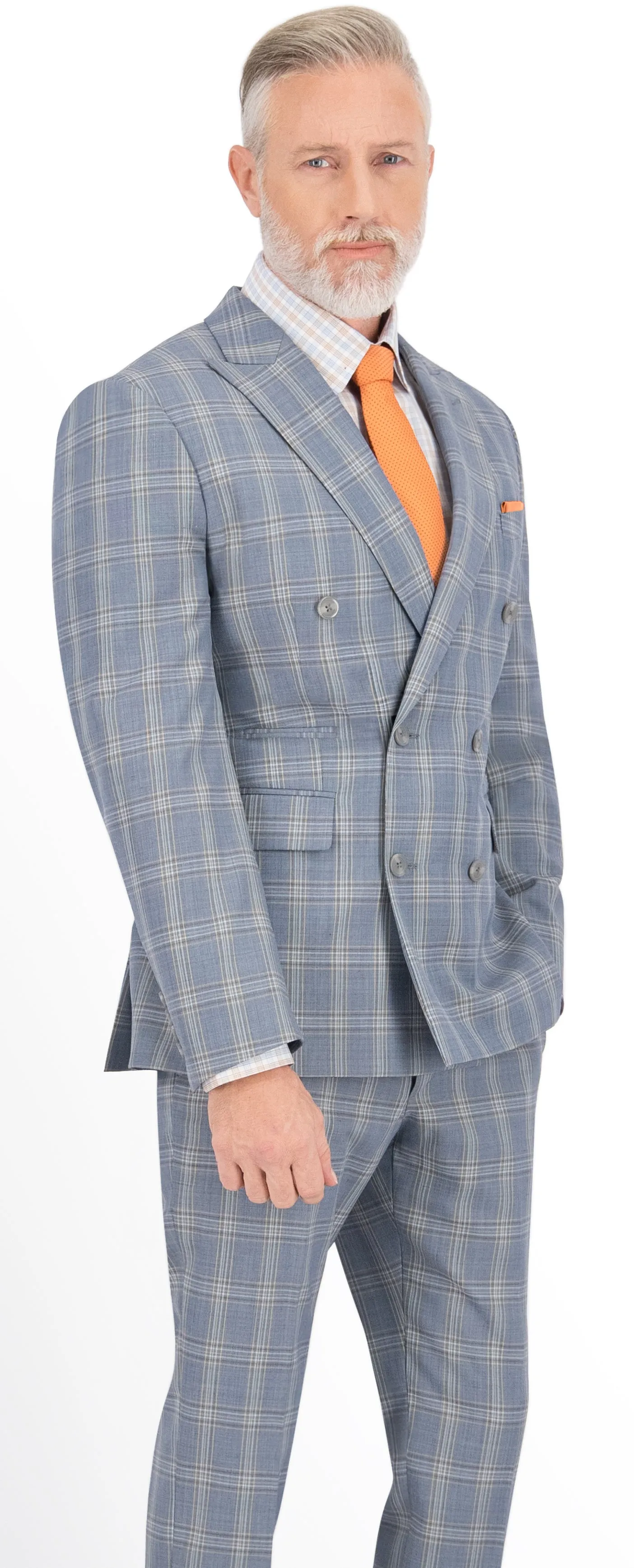 Blue Grey with Tan & Brown Check Long Double Breast Suit
