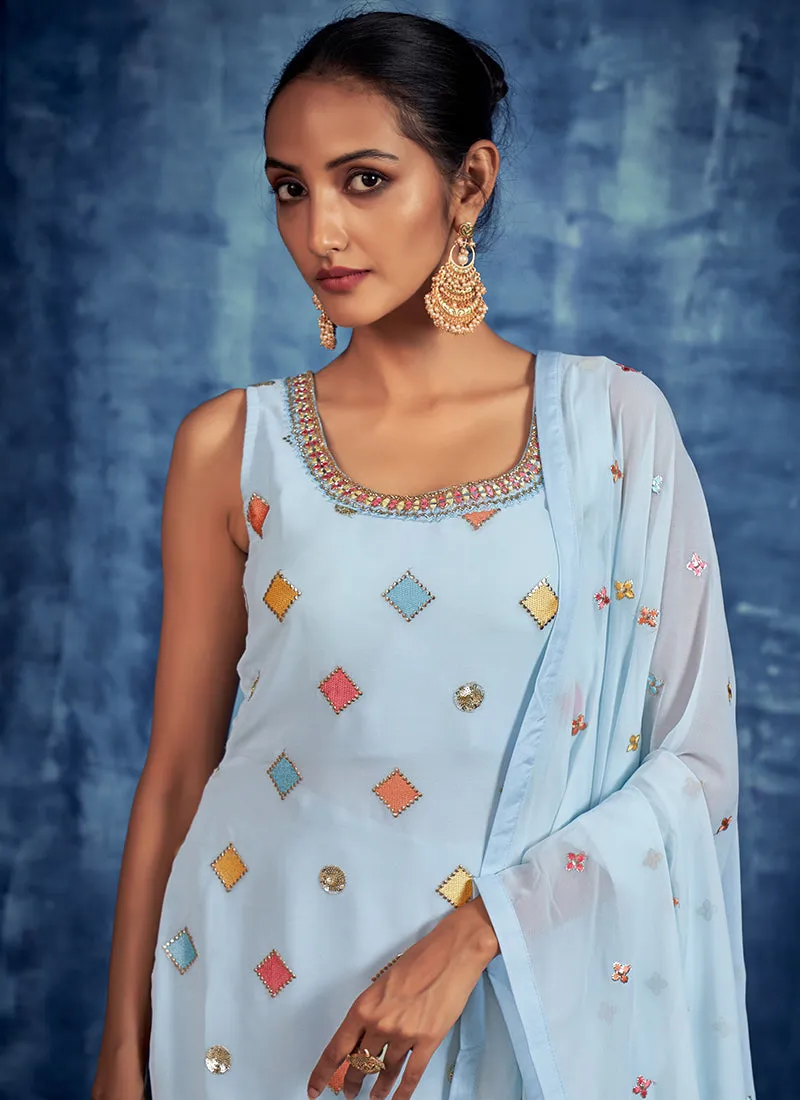 Blue Multi Embroidery Designer Gharara Style Suit
