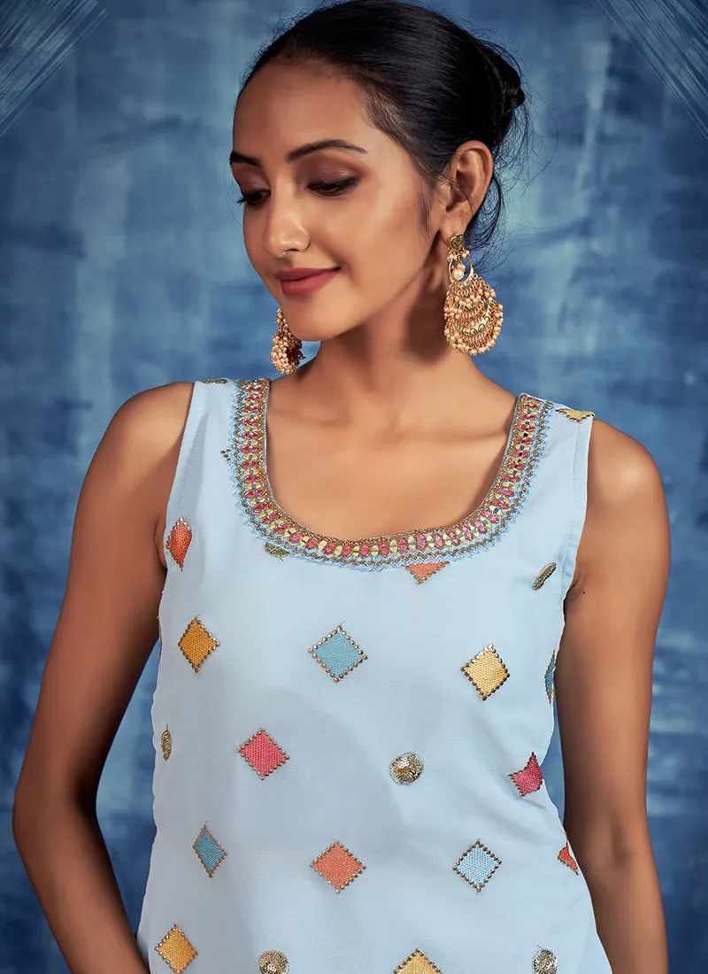 Blue Multi Embroidery Designer Gharara Style Suit