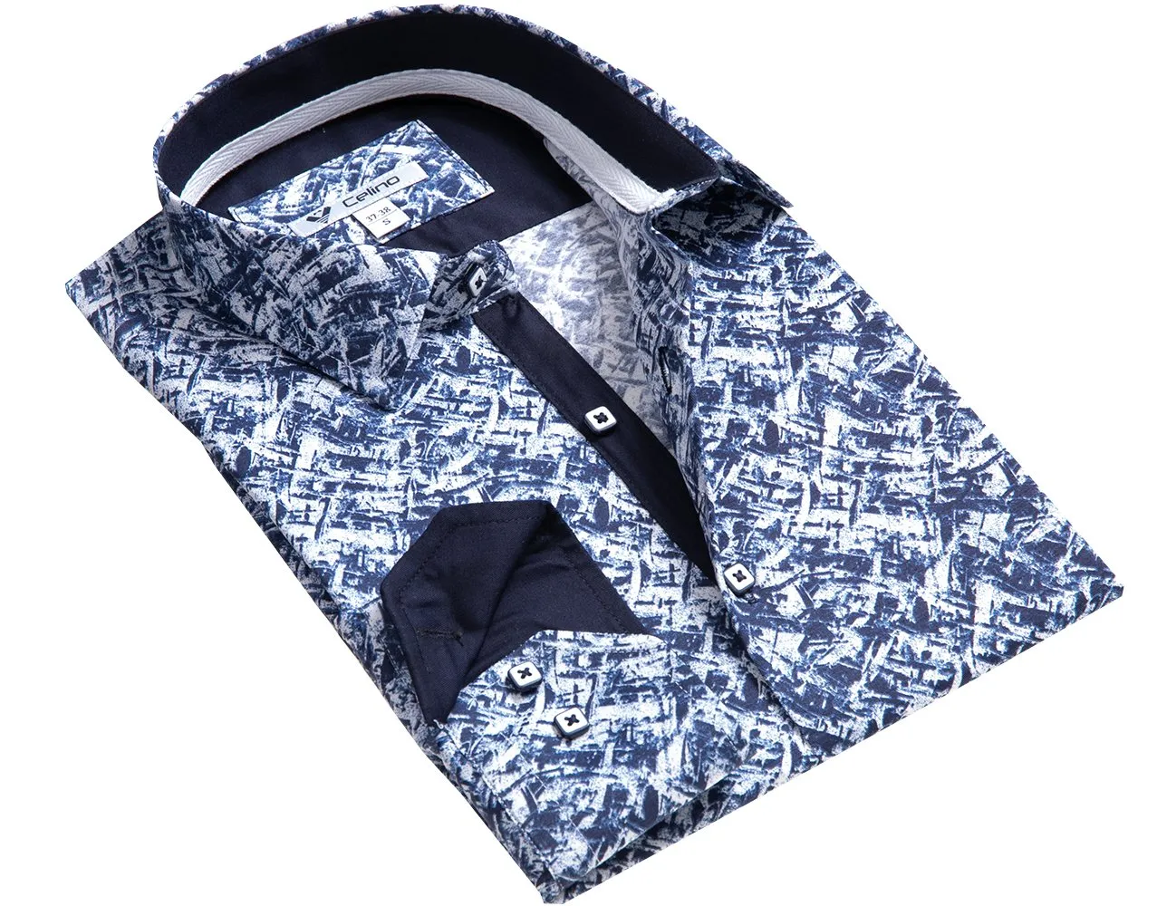 Blue White Graphic Design Mens Slim Fit Designer Dress Shirt - tailored Cotton Shirts for Work and