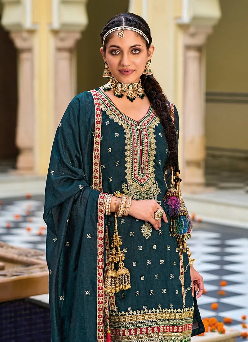 Bottle Green Multi Embroidery Traditional Pant Style Suit