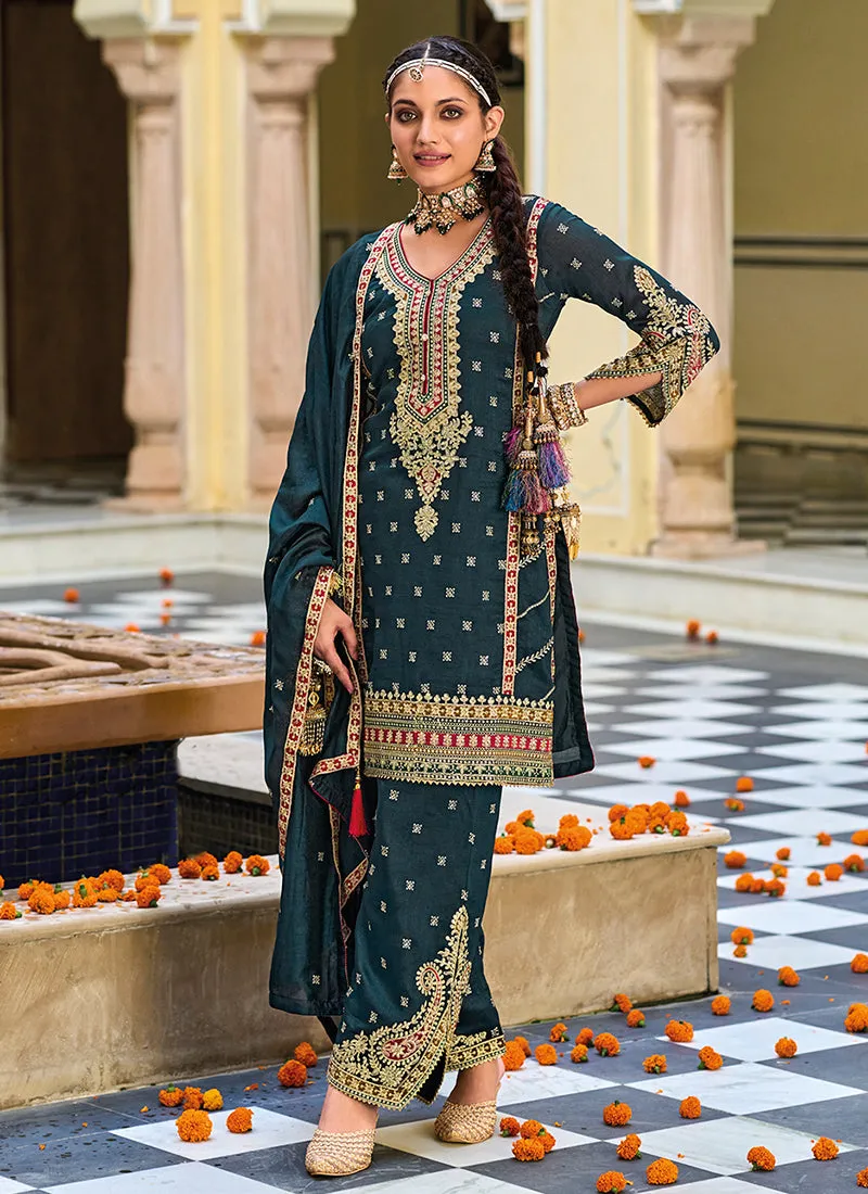 Bottle Green Multi Embroidery Traditional Pant Style Suit
