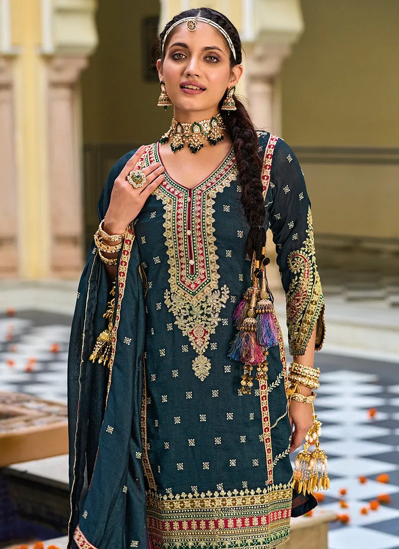 Bottle Green Multi Embroidery Traditional Pant Style Suit