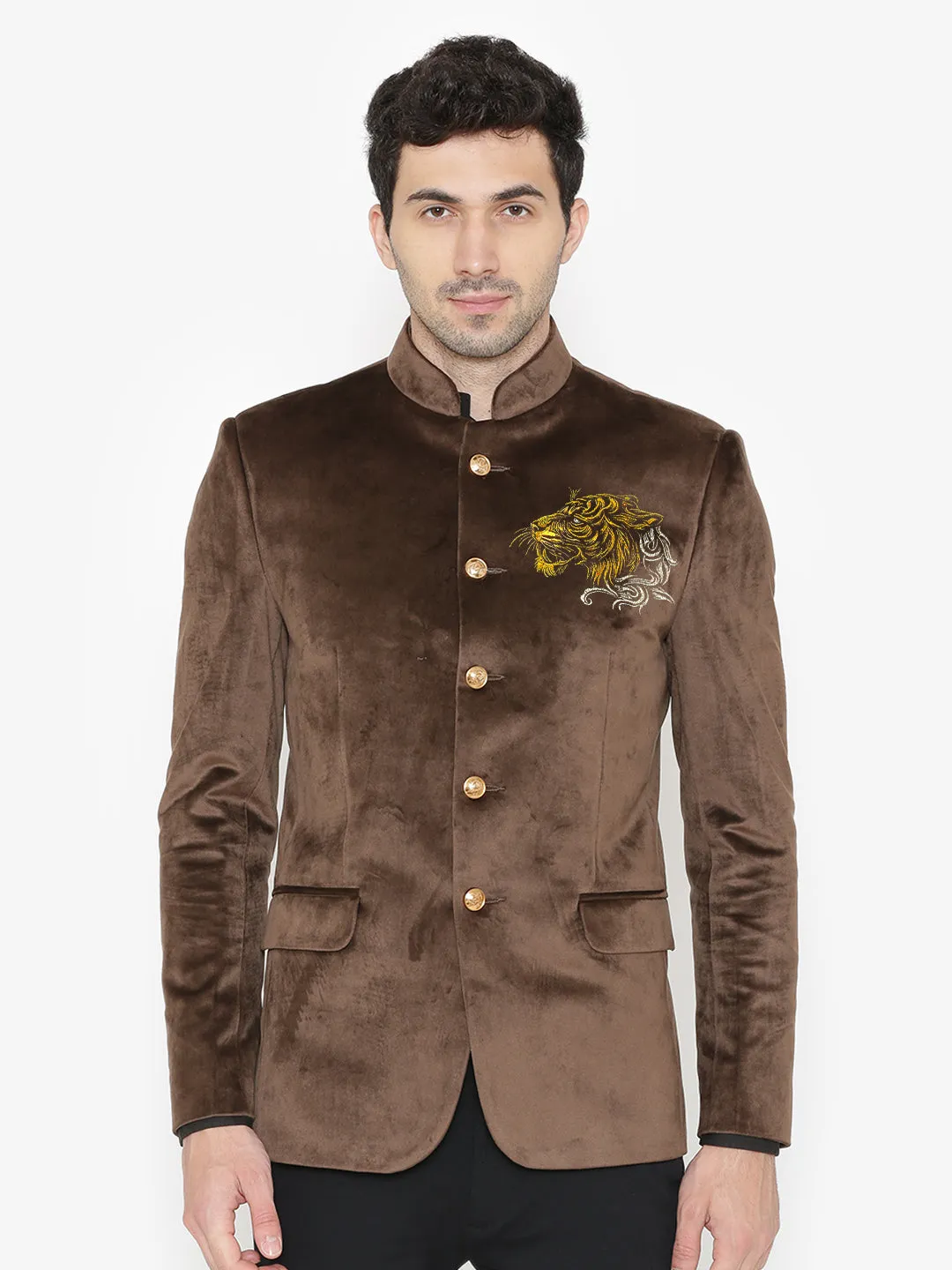 Brown Velvet Bandhgala with Gold Embroidery