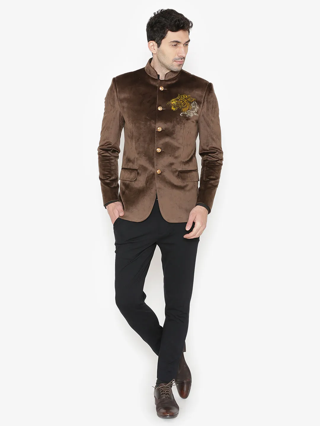 Brown Velvet Bandhgala with Gold Embroidery