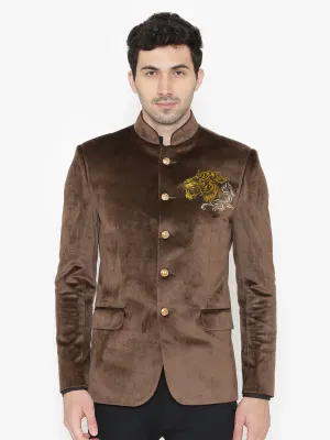 Brown Velvet Bandhgala with Gold Embroidery