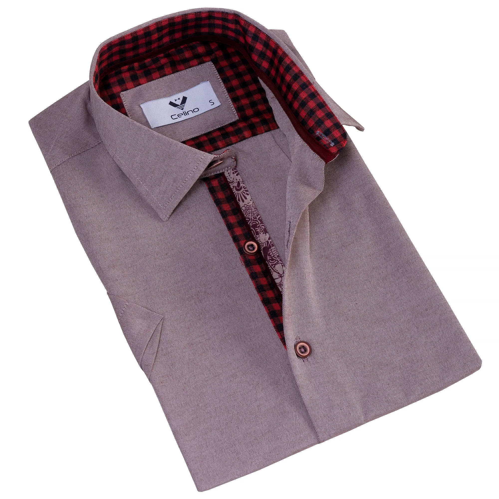 Brownish Oxford inside Red Men's Short Sleeves Shirt- Tailored Slim Fit Cotton Dress Shirts