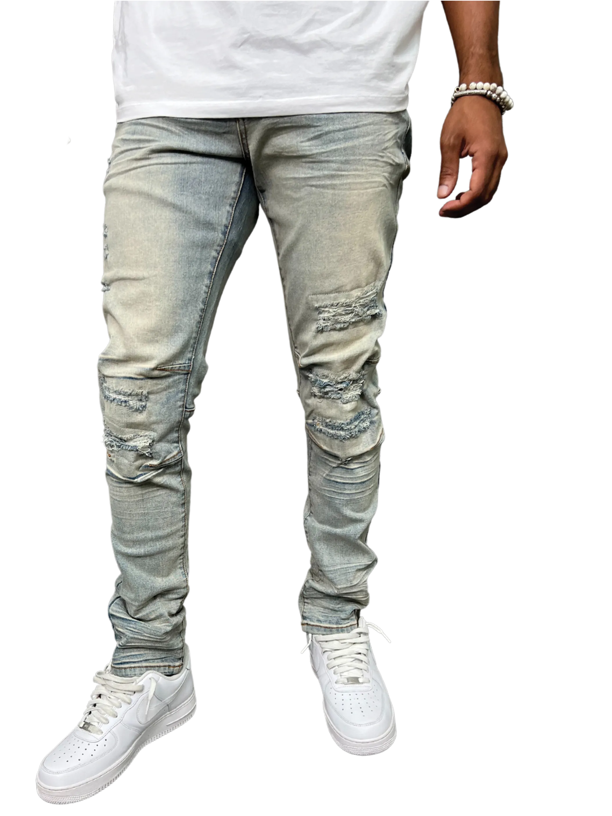 BTP23065: Rip & Repair Slim Tapered Fit Denim Pants