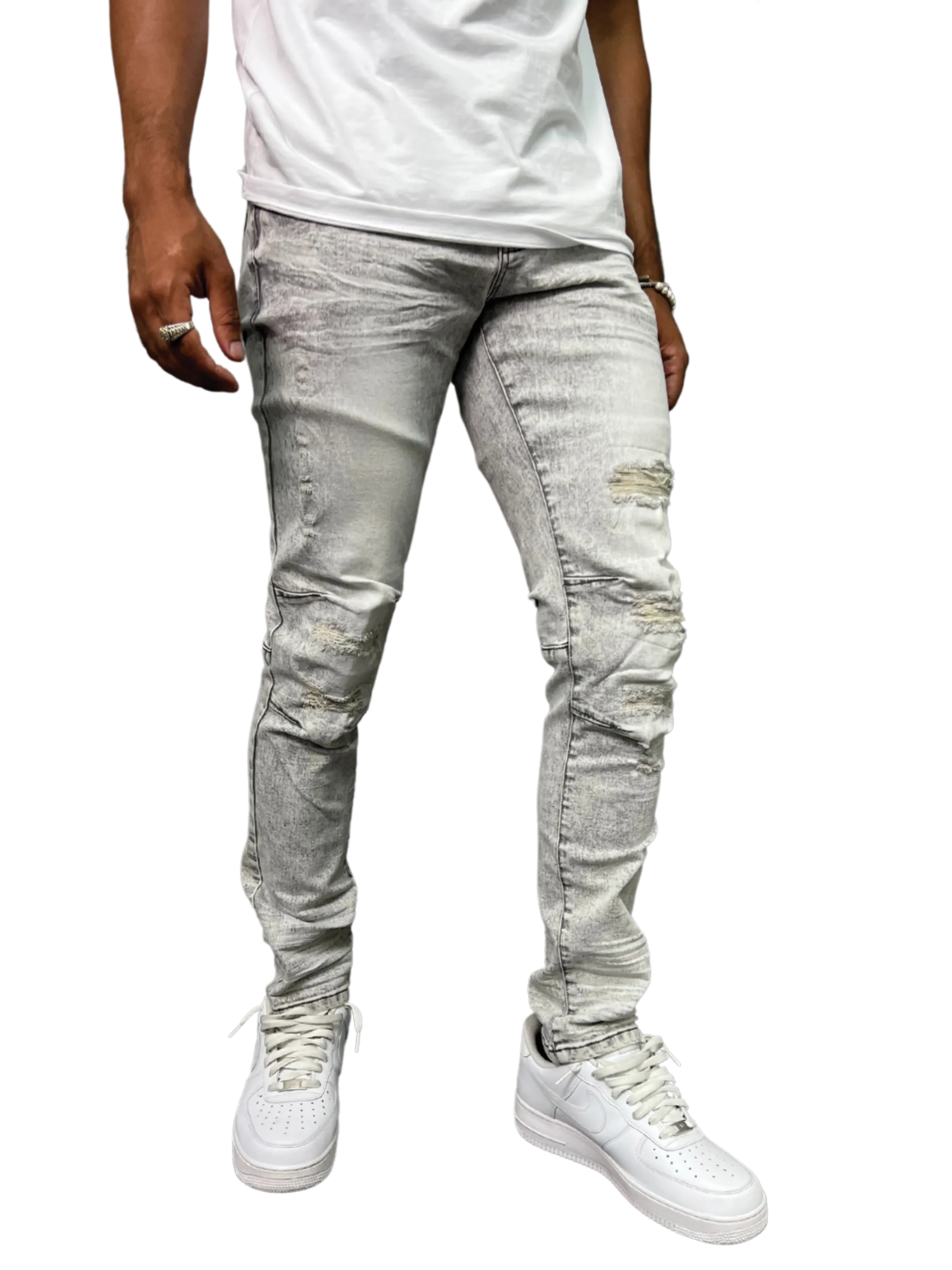 BTP23065: Rip & Repair Slim Tapered Fit Denim Pants