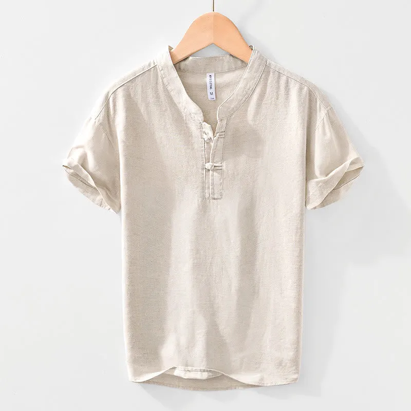 Buddha Stones Soft Plain Frog-button Crew Neck Cotton Linen Half Button Men's Shirt