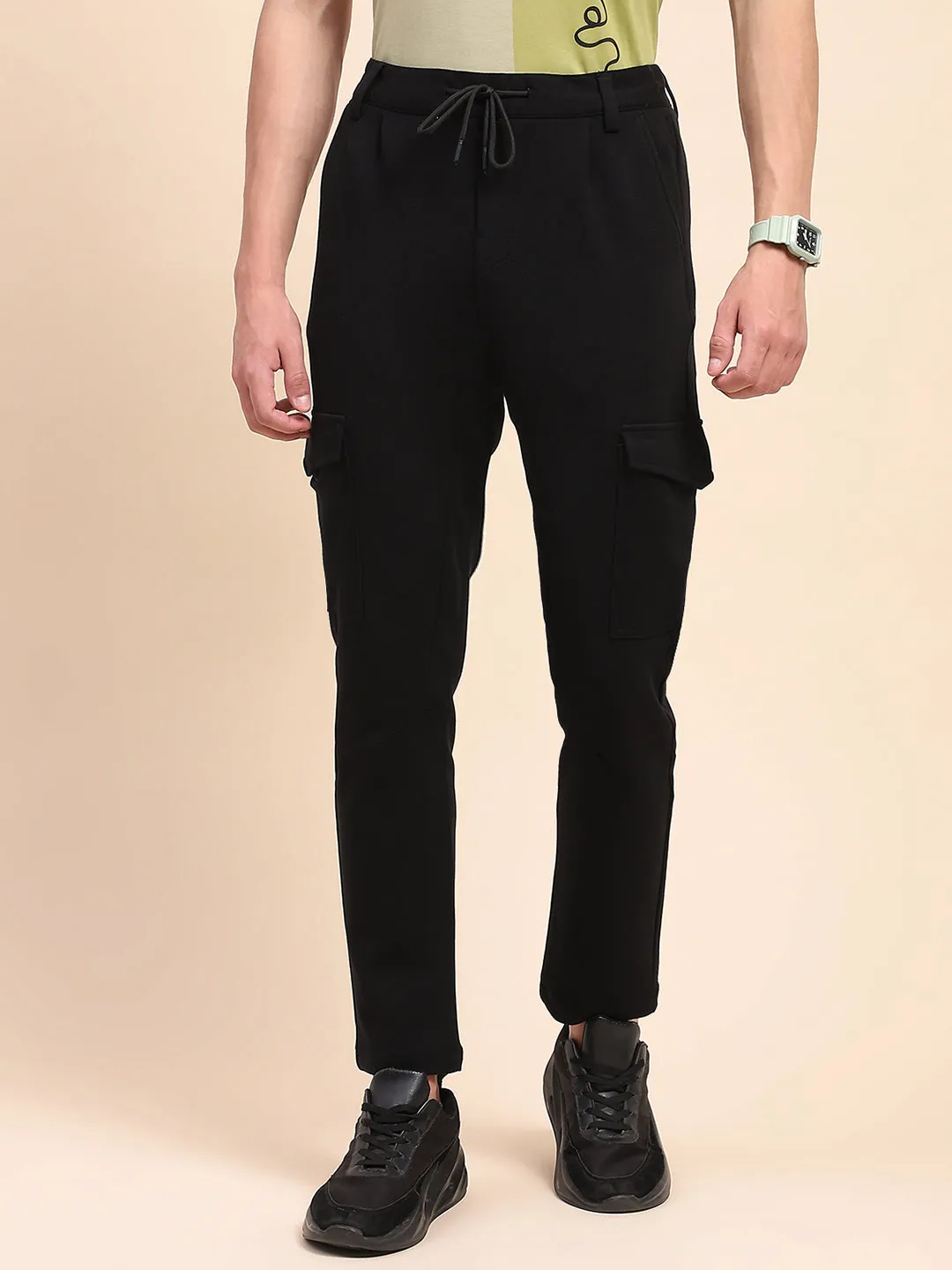 Camla Barcelona Solid Black Cargo Track Pants