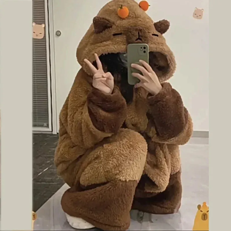 Capybara Coral Velvet Pajama Office Nap Wearable Loose Onesie Pajamas Kids Soft Cute Animals Shape Blanket For Adult Blanket