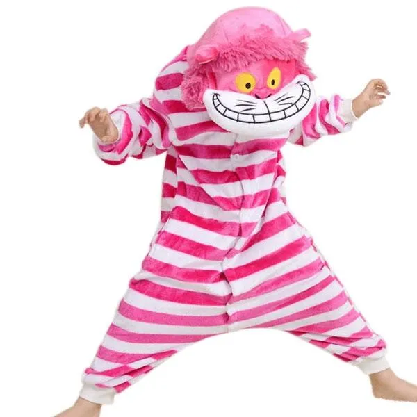 Cartoon Style Cheshire Cat Pattern Kids Flannel Sleepwear Jumpsuits 95-105cm