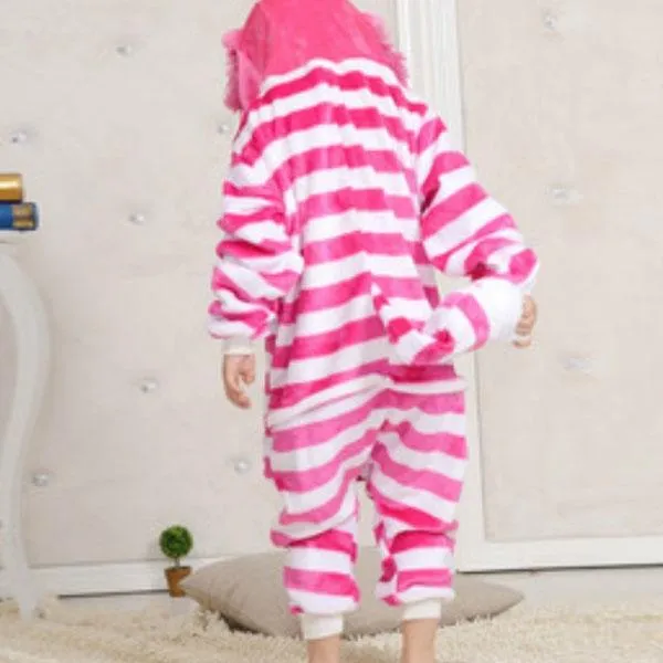 Cartoon Style Cheshire Cat Pattern Kids Flannel Sleepwear Jumpsuits 95-105cm