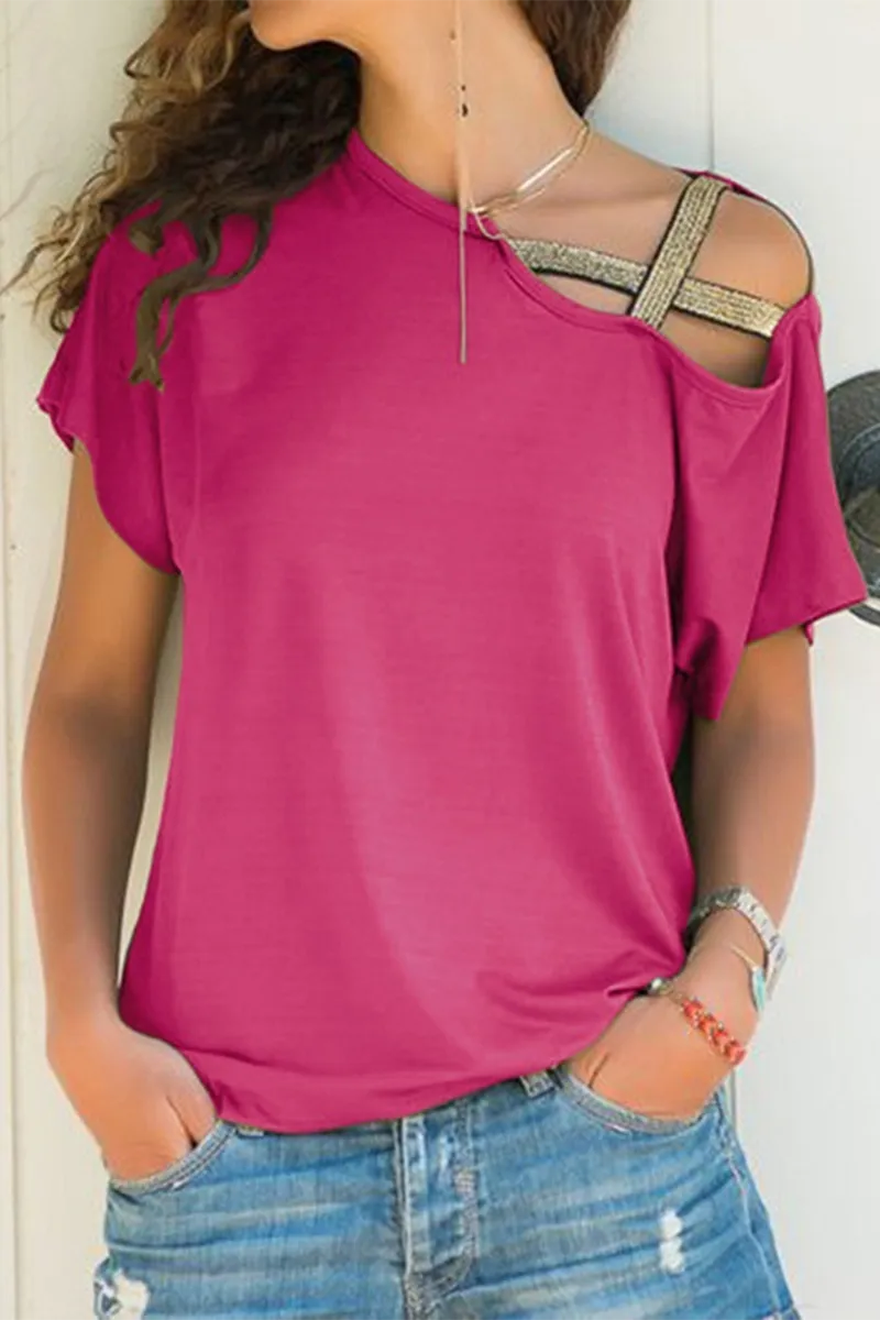 Casual Solid Patchwork Oblique Collar T-Shirts(7 Colors)