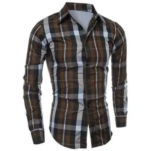 Casual Turn-down Collar Color Block Checked Print Slimming Men's Long Sleeves Shirt - Coffee Xl