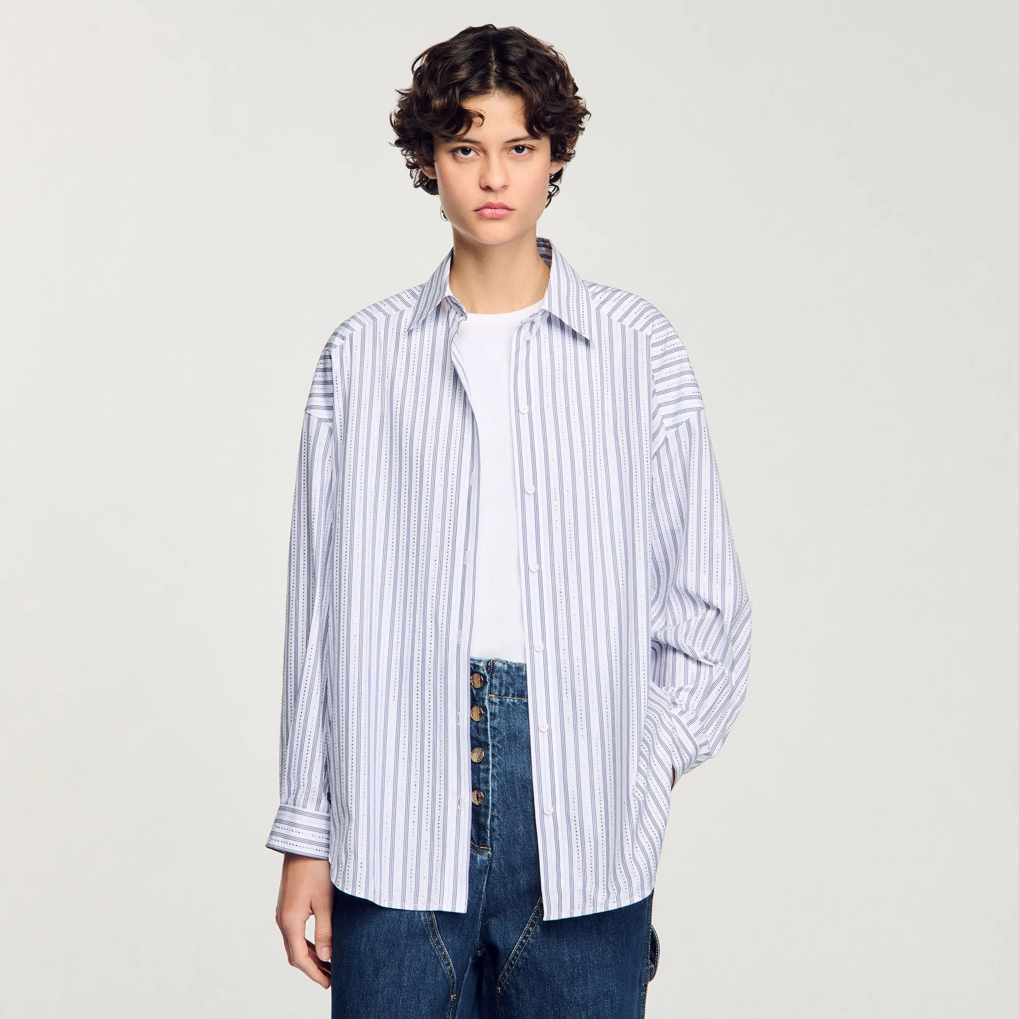 Charlie Striped Rhinestone Shirt White