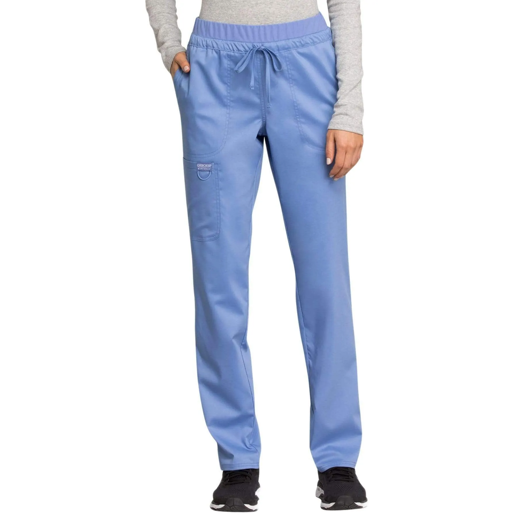 Cherokee Revolution WW105 Scrubs Pants Womens Mid Rise Tapered Leg Drawstring Ceil Blue