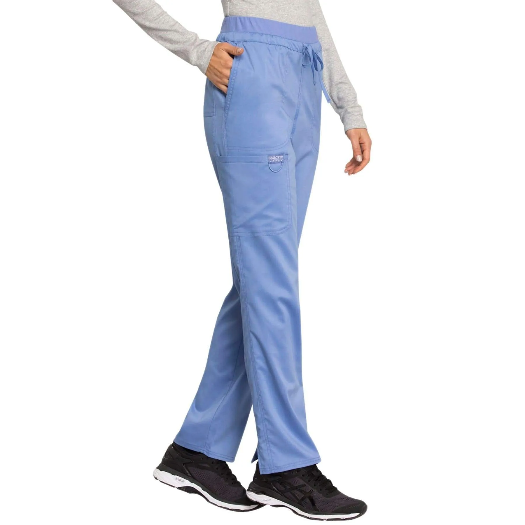 Cherokee Revolution WW105 Scrubs Pants Womens Mid Rise Tapered Leg Drawstring Ceil Blue