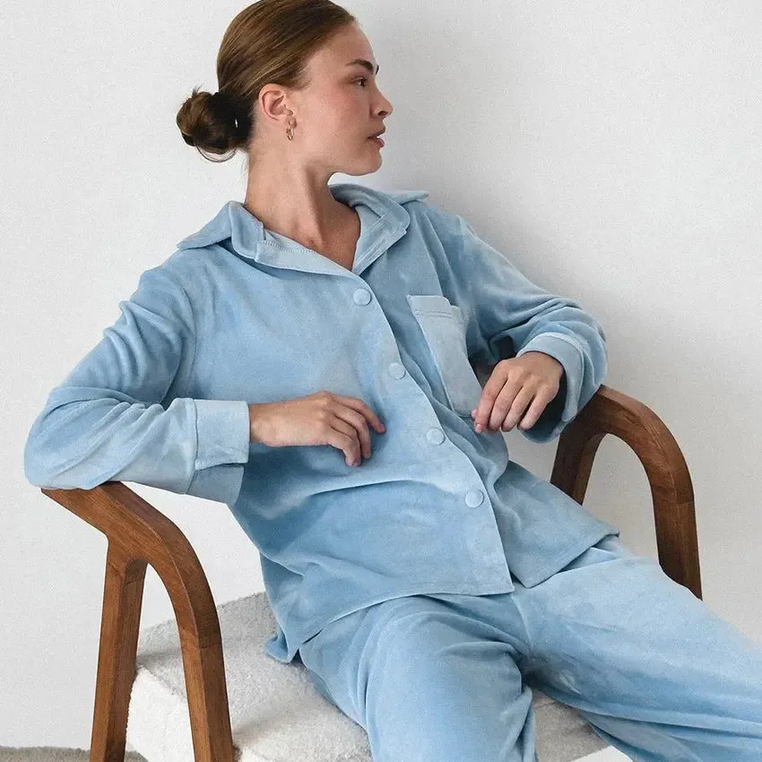 Comfortable Solid Color Cardigan  Pant Pajamas - Loose Long Sleeve Home Wear