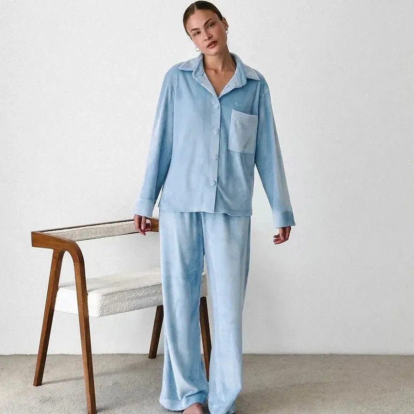 Comfortable Solid Color Cardigan  Pant Pajamas - Loose Long Sleeve Home Wear