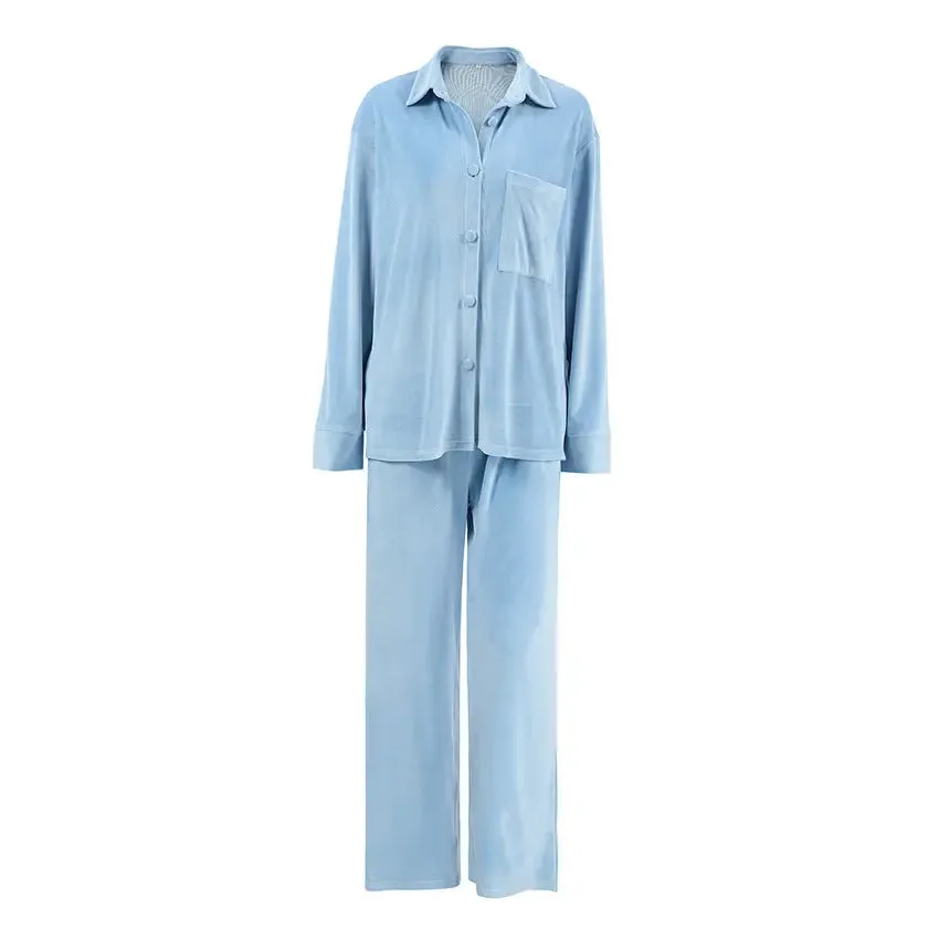 Comfortable Solid Color Cardigan  Pant Pajamas - Loose Long Sleeve Home Wear