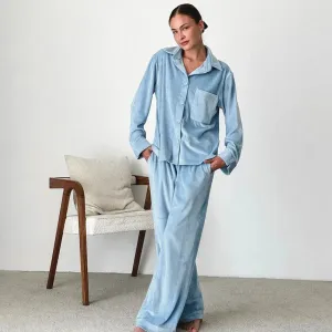 Comfortable Solid Color Cardigan  Pant Pajamas - Loose Long Sleeve Home Wear