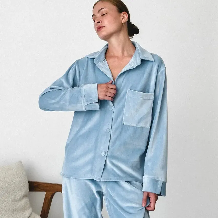 Comfortable Solid Color Cardigan  Pant Pajamas - Loose Long Sleeve Home Wear
