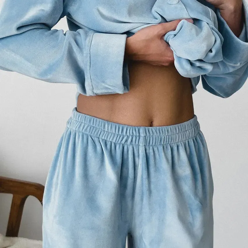 Comfortable Solid Color Cardigan  Pant Pajamas - Loose Long Sleeve Home Wear