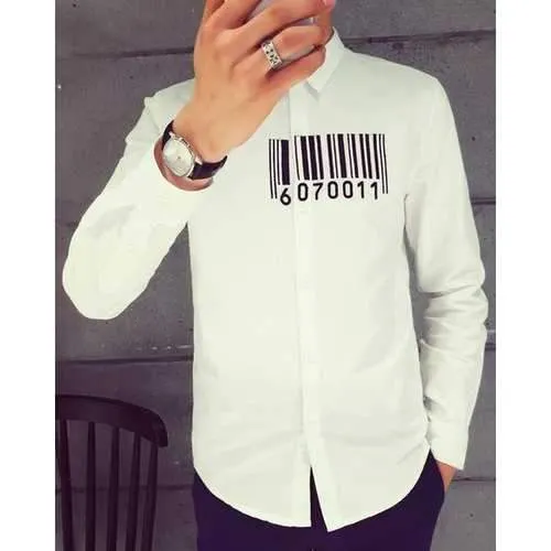 Contracted Fashion Shirt Collar Black Stripes Pattern Long Sleeves Slimming Men's White Shirt - White Xl